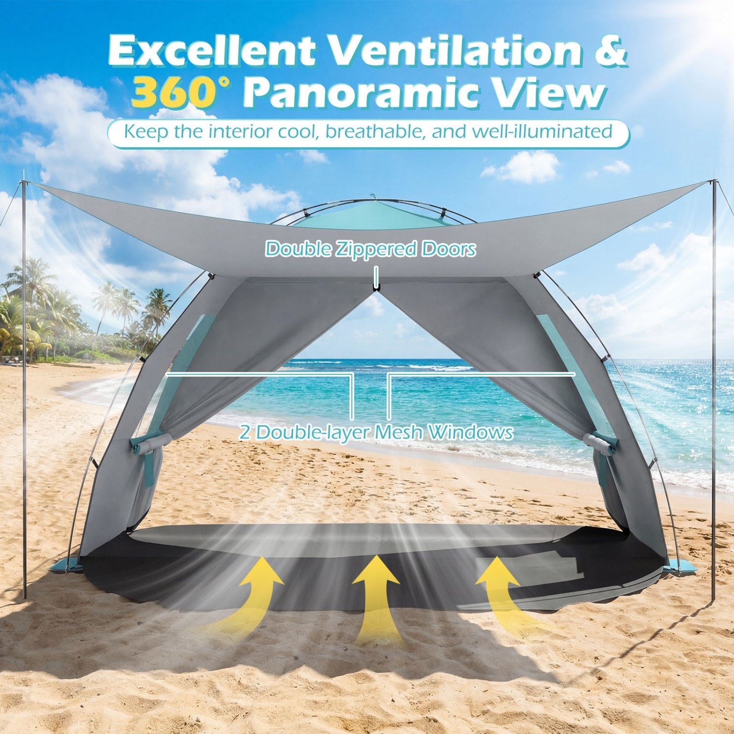 GemGear Beach Tent Sun Shelter with Pop-Up Canopy, gray-teal UPF50+, 2 zippered doors on Tampa Home & Garden Store