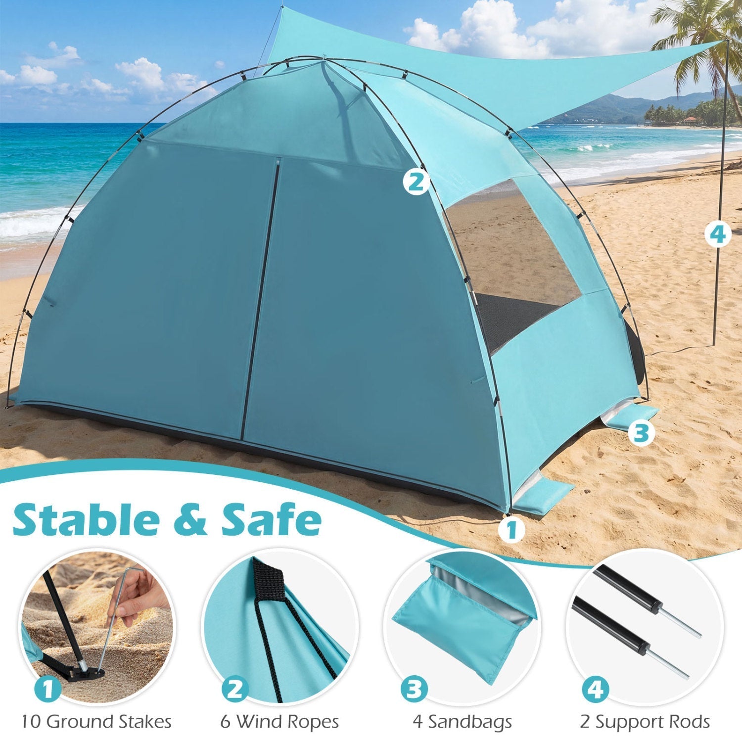 GemGear Beach Tent Sun Shelter with Canopy, turquoise, pop-up design for UPF50+ sun protection on the beach on Tampa Home & Garden Store