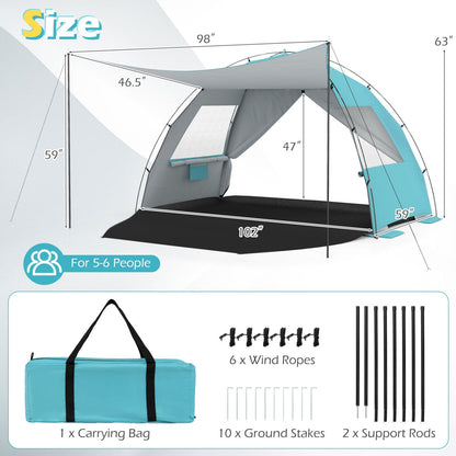 GemGear Beach Tent Sun Shelter with Canopy, pop-up setup, UPF50+ turquoise gray, 5–6 people on Tampa Home & Garden Store