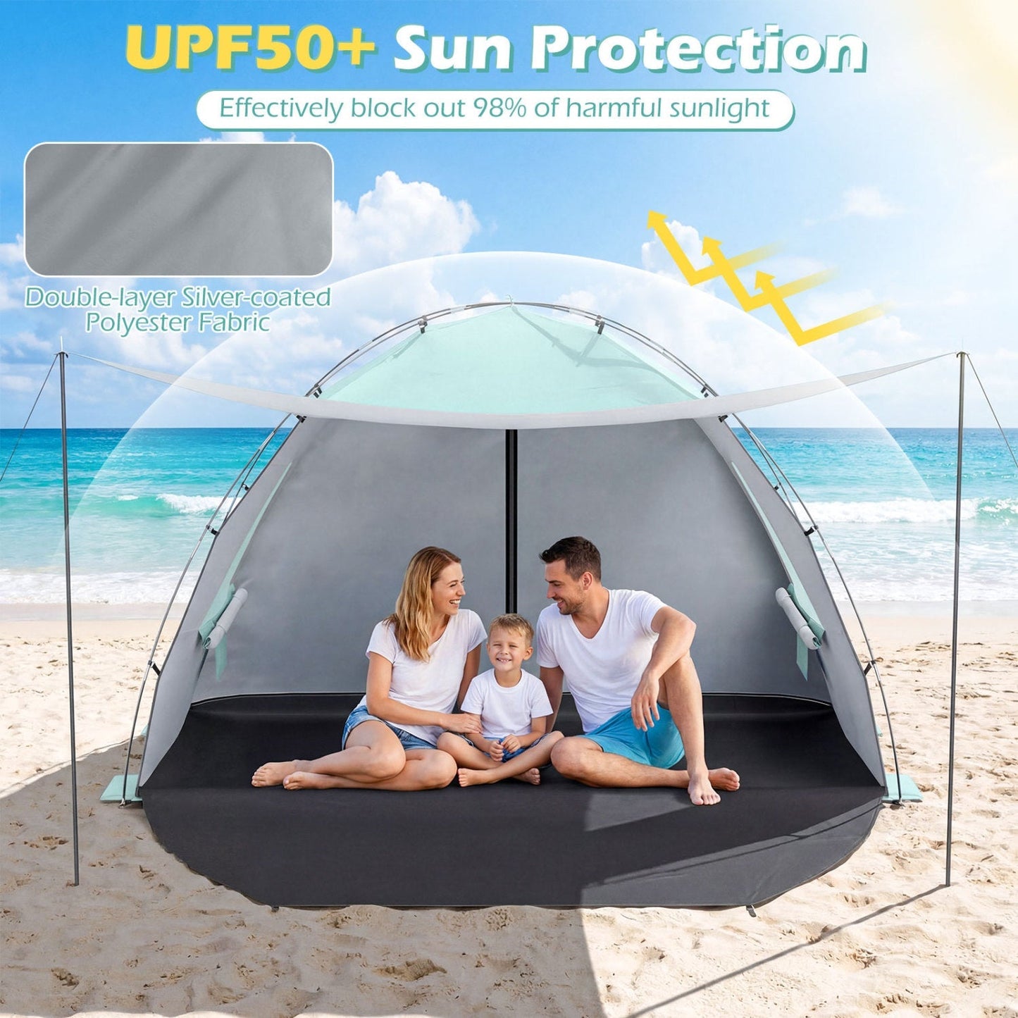 Beach Tent Sun Shelter with Canopy by GemGear, gray interior, pop-up design, UPF50+ on Tampa Home & Garden Store