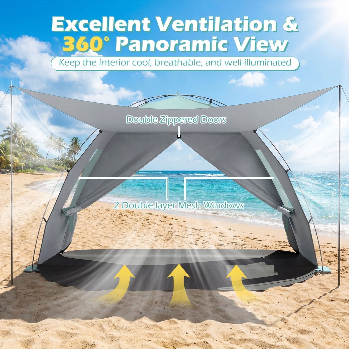 GemGear Beach Tent Sun Shelter with Pop-Up Canopy, gray UPF50+ protection, double zipper doors on Tampa Home & Garden Store