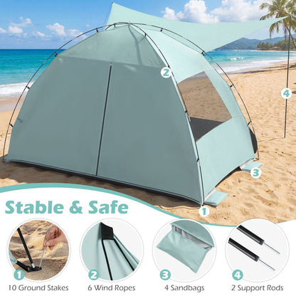 GemGear Beach Tent Sun Shelter with Canopy, pop-up setup, UPF50+ sun protection, turquoise tent on sandy beach on Tampa Home & Garden Store