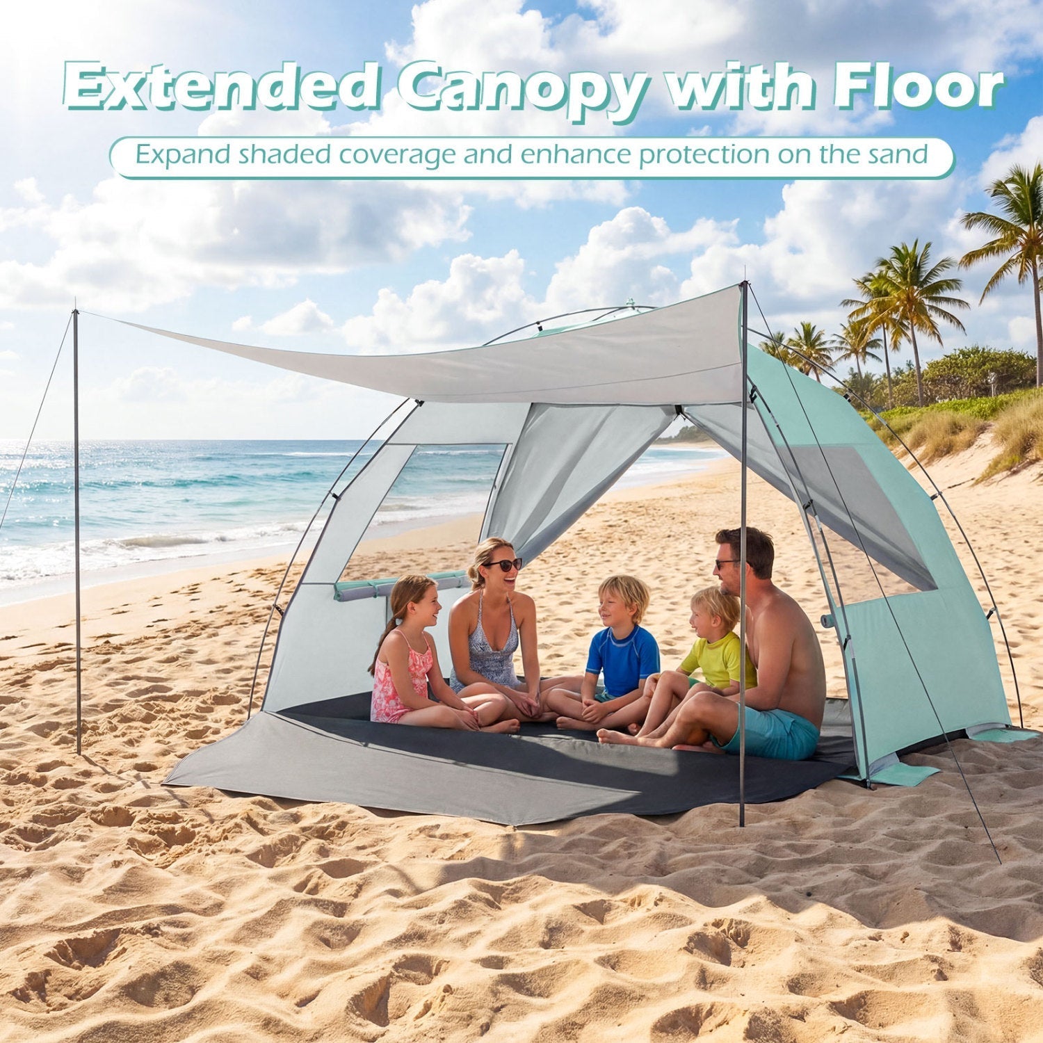Beach tent sun shelter with canopy GemGear pop-up, UPF50+ protection, gray teal panels on Tampa Home & Garden Store