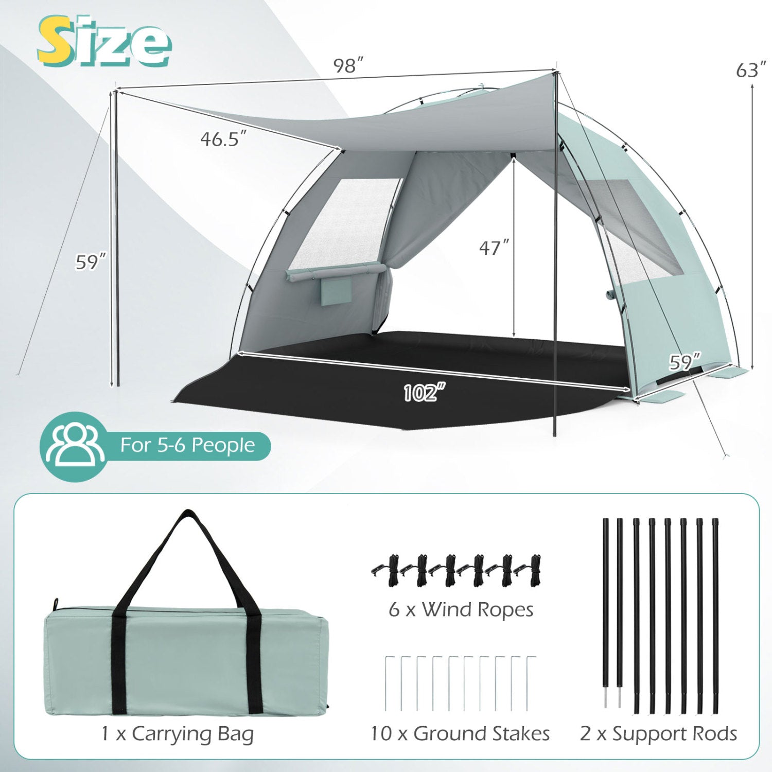 GemGear beach tent sun shelter with canopy, pop-up, UPF50+ protection, teal/gray color on Tampa Home & Garden Store