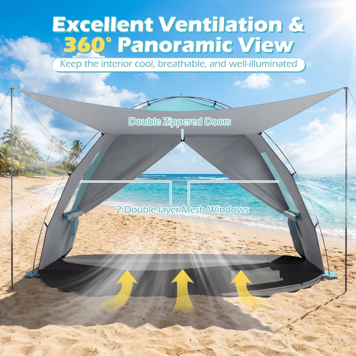 GemGear Beach Tent Sun Shelter with Canopy, extended floor, teal trim, double-zipper doors on Tampa Home & Garden Store