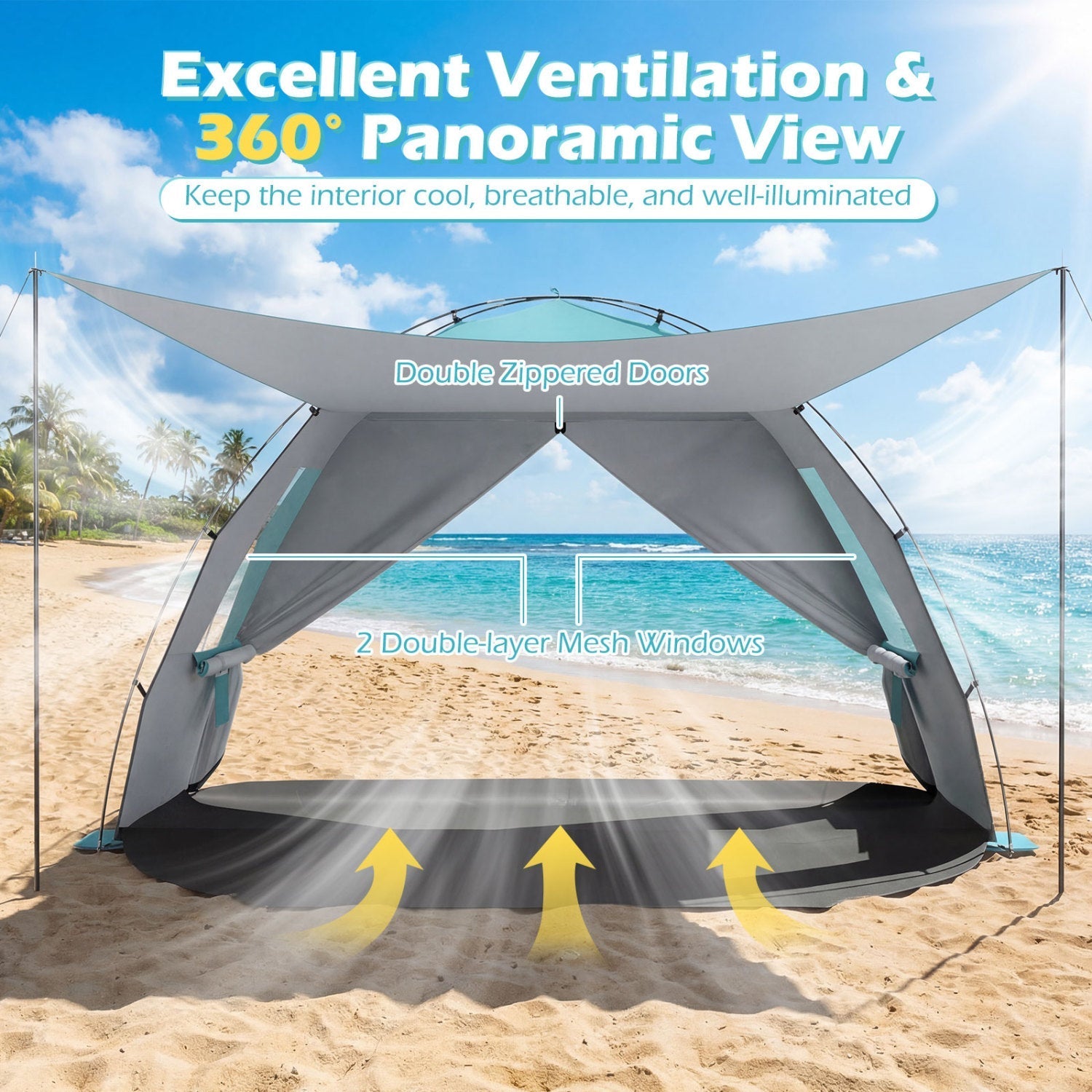 GemGear Beach Tent Sun Shelter with Canopy, extended floor, teal trim, double-zipper doors on Tampa Home & Garden Store
