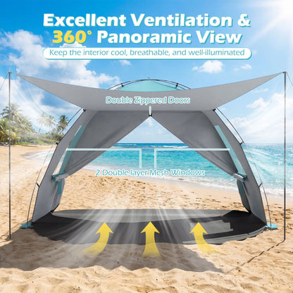 GemGear Beach Tent Sun Shelter with Canopy, extended floor, teal trim, double-zipper doors on Tampa Home & Garden Store