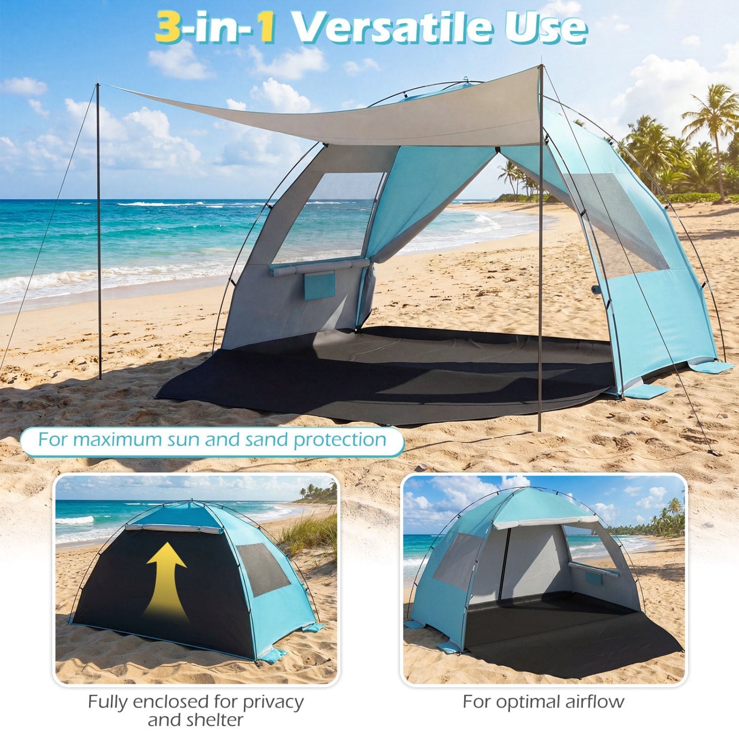 GemGear Beach Tent Sun Shelter with Canopy blue panels, extended floor on the beach on Tampa Home & Garden Store