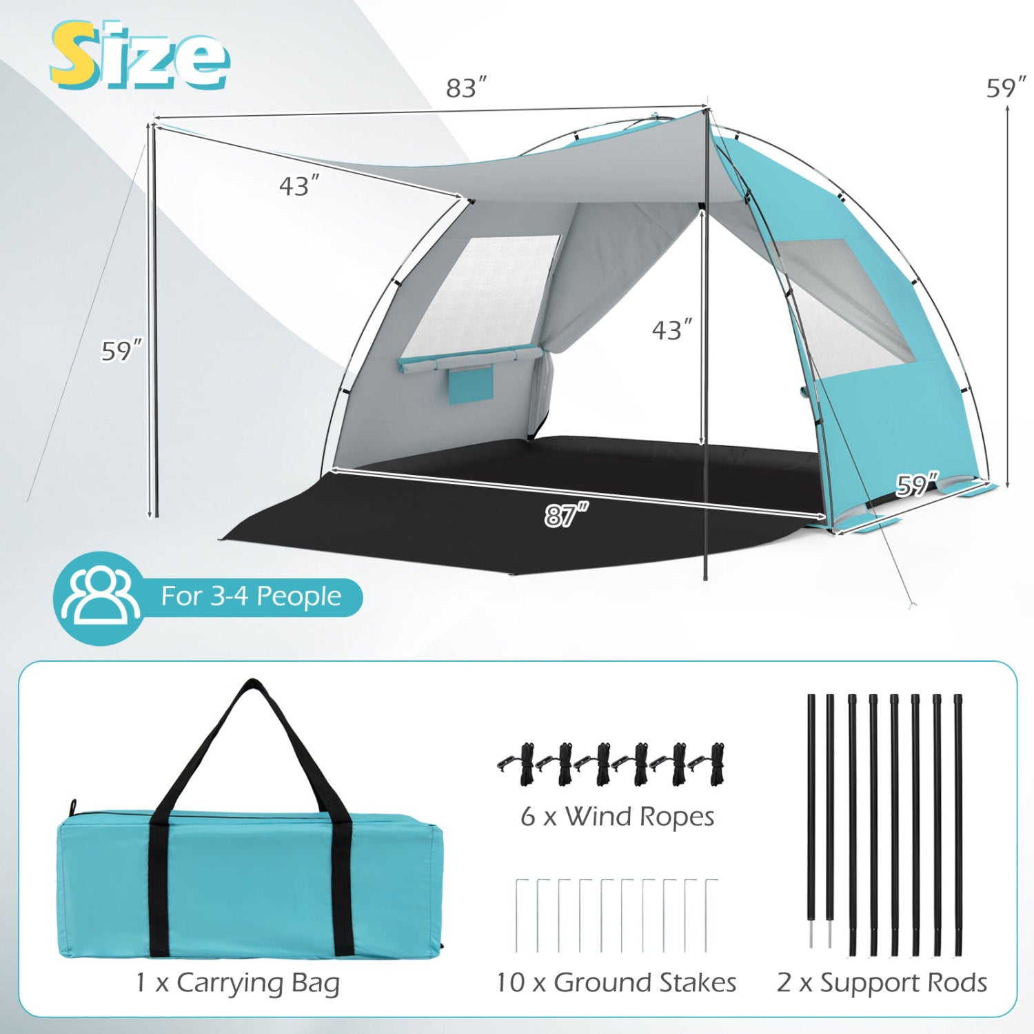 GemGear Beach Tent Sun Shelter with Canopy turquoise/gray extended floor for 3-4 people on Tampa Home & Garden Store