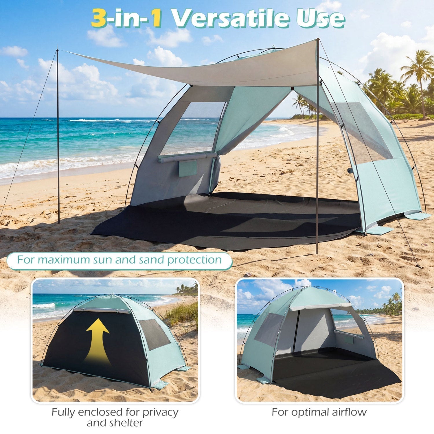 GemGear Beach Tent Sun Shelter with canopy, turquoise/gray, extended floor, vent windows on sand on Tampa Home & Garden Store