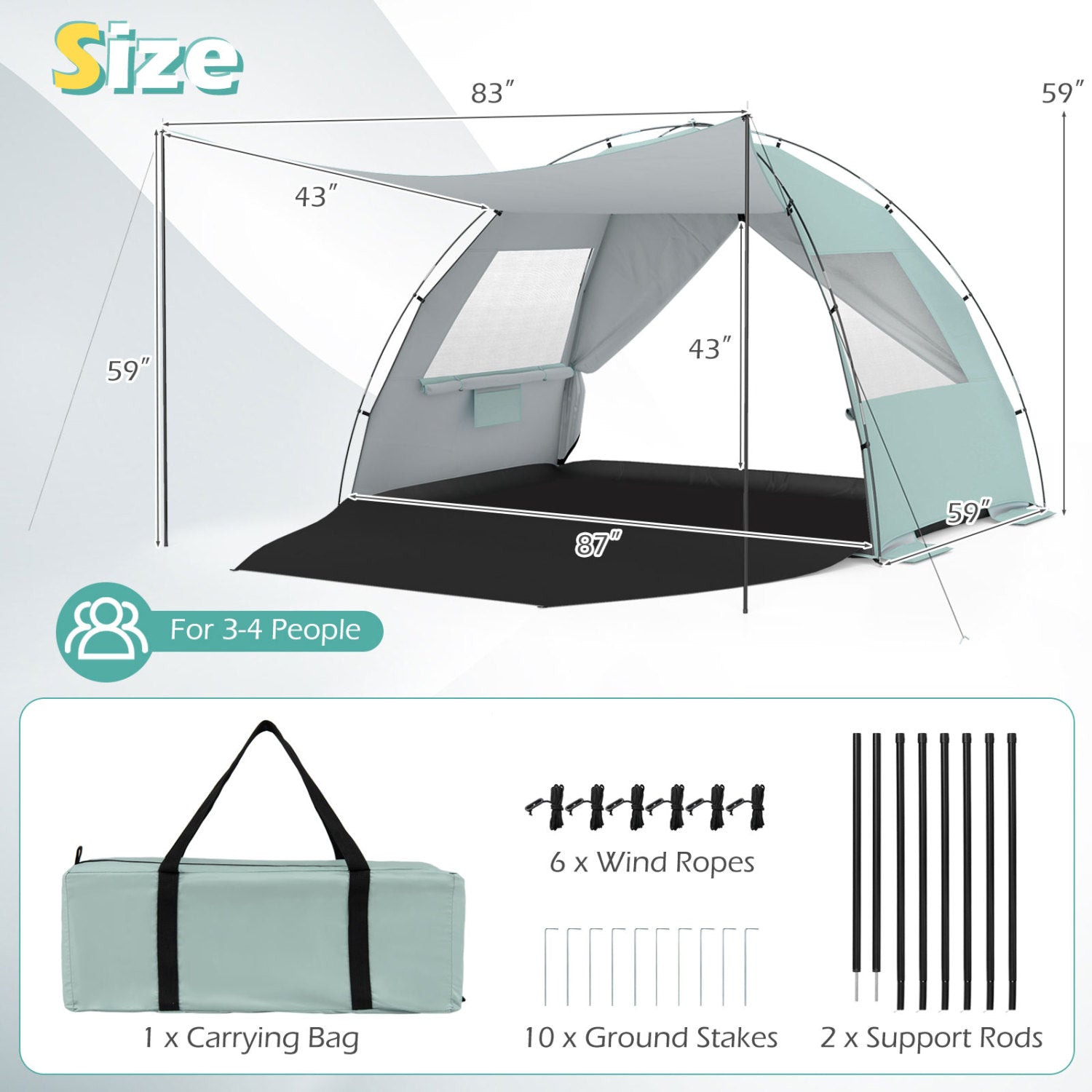 GemGear Beach Tent Sun Shelter with Canopy, extended floor and vent windows teal for 3-4 people on Tampa Home & Garden Store