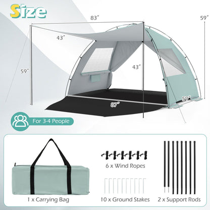 GemGear Beach Tent Sun Shelter with Canopy, extended floor and vent windows teal for 3-4 people on Tampa Home & Garden Store