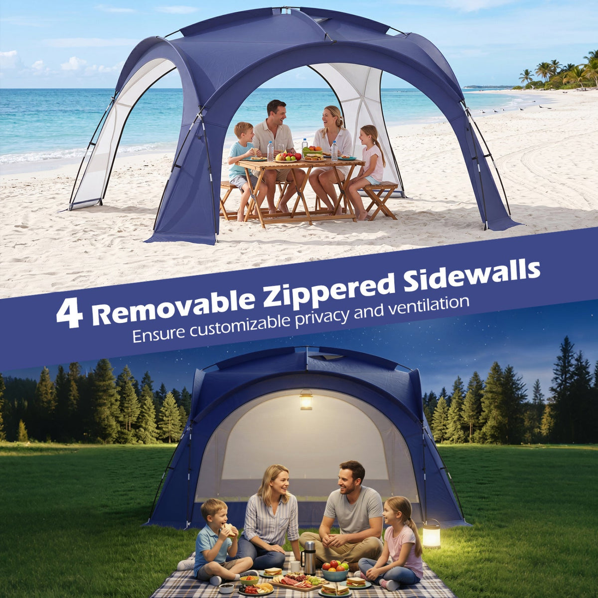 GemGear Large Beach Tent for 12-15 people with 4 removable sidewalls, blue canopy on beach on Tampa Home & Garden Store