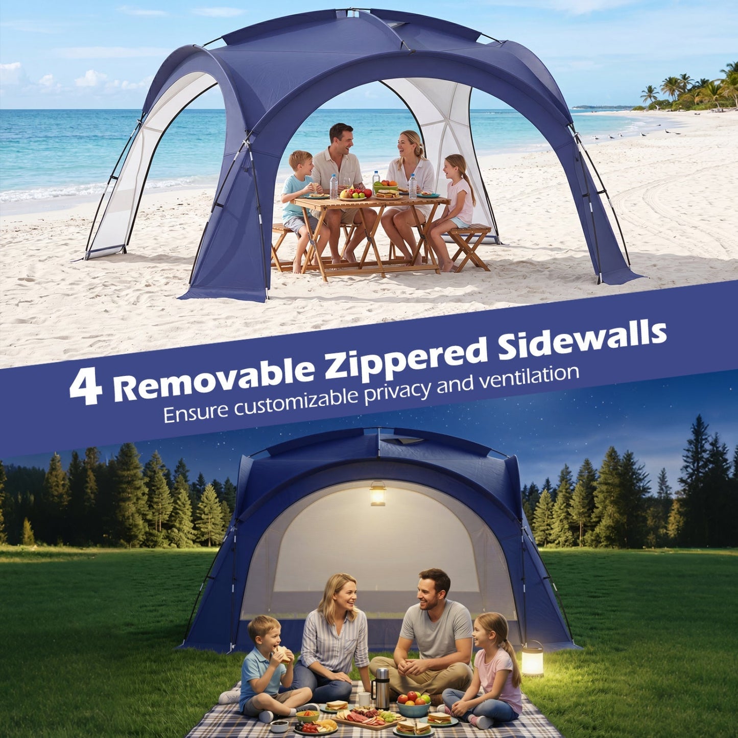 Beach Tent GemGear large 12–15 person with 4 removable zippered sidewalls, blue on Tampa Home & Garden Store