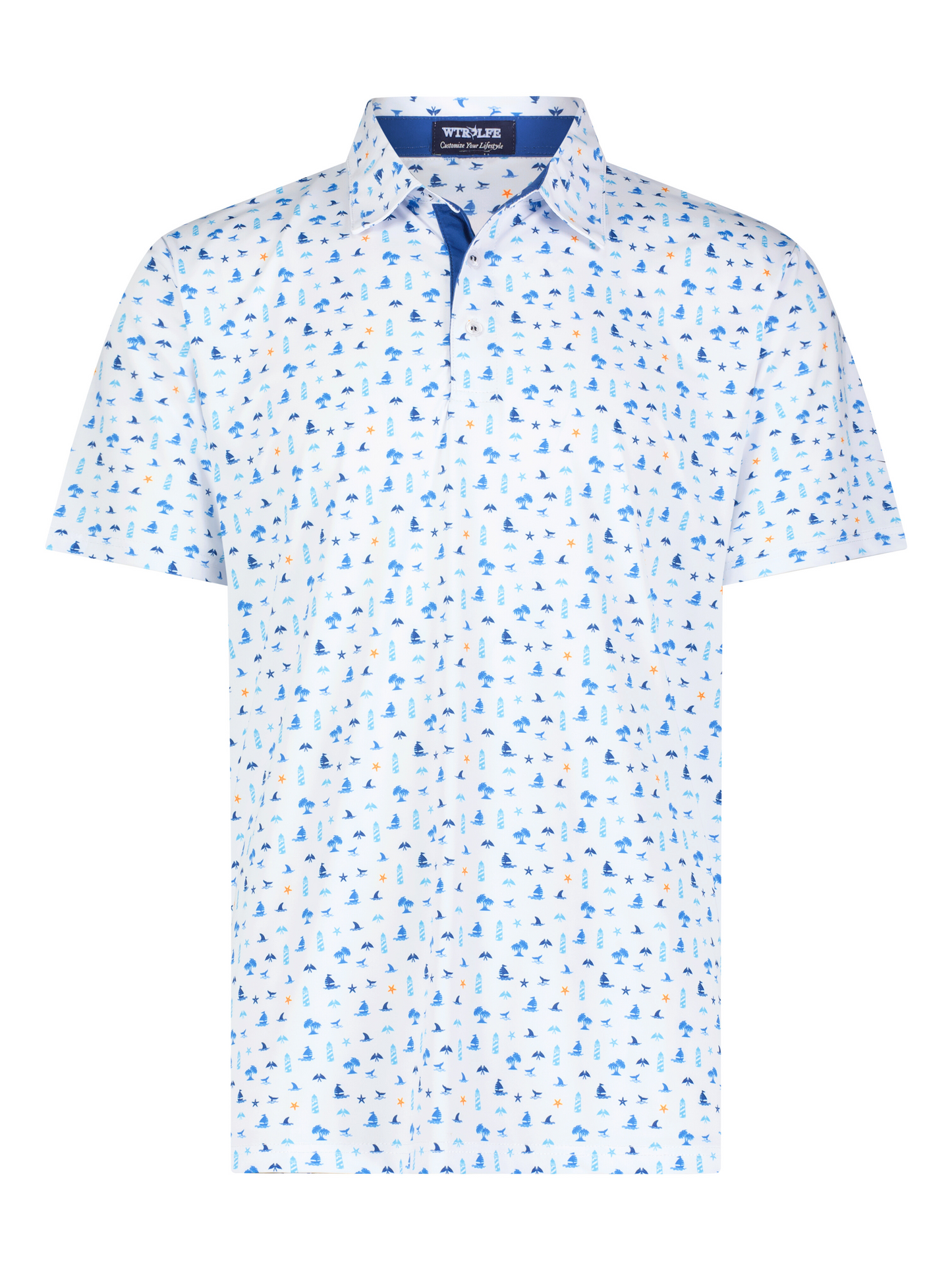 Beachside Performance Polo White Water Life white polo with blue nautical icons pattern on Tampa Home & Garden Store