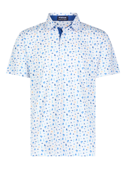 Beachside Performance Polo White Water Life white polo with blue nautical icons pattern on Tampa Home & Garden Store