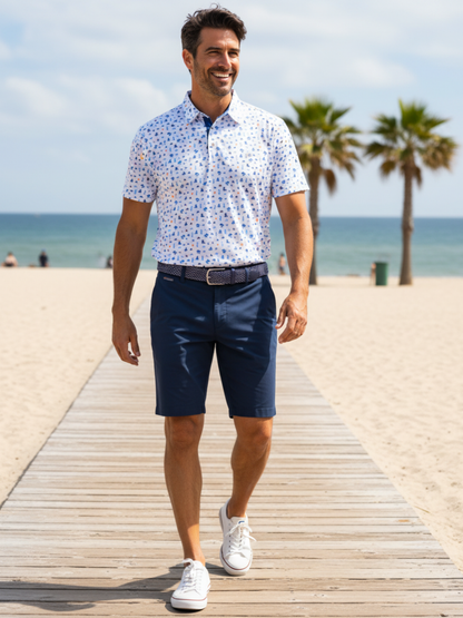 Beachside Performance Polo by White Water Life, short-sleeve polo with blue speckle print on Tampa Home & Garden Store