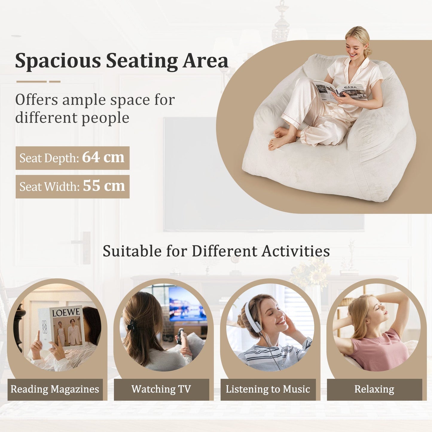 Bean Bag Chair Plush Lazy Sofa with Ultra-soft Velvet Cover-Beige