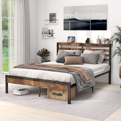 Estructura de cama matrimonial/queen con estación de carga y cabecera de almacenamiento - Tamaño matrimonial