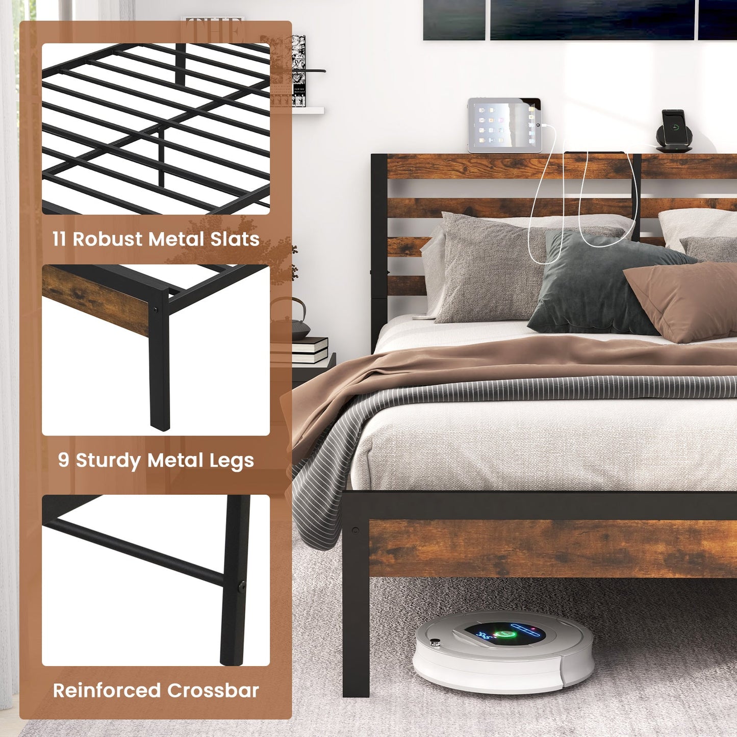 Estructura de cama matrimonial/queen con estación de carga y cabecera de almacenamiento - Tamaño matrimonial