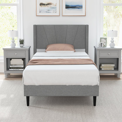 Estructura de cama Twin/Queen con cabecero tapizado de lino con alas-Tamaño Twin