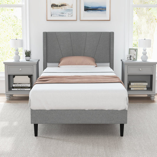 Twin/Queen Bed Frame with Linen Upholstered Wingback Headboard-Twin Size - Tampa Home & Garden Store