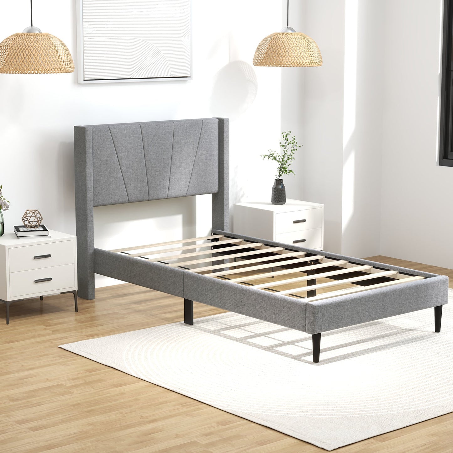 Estructura de cama Twin/Queen con cabecero tapizado de lino con alas-Tamaño Twin