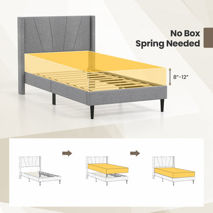 Estructura de cama Twin/Queen con cabecero tapizado de lino con alas-Tamaño Twin