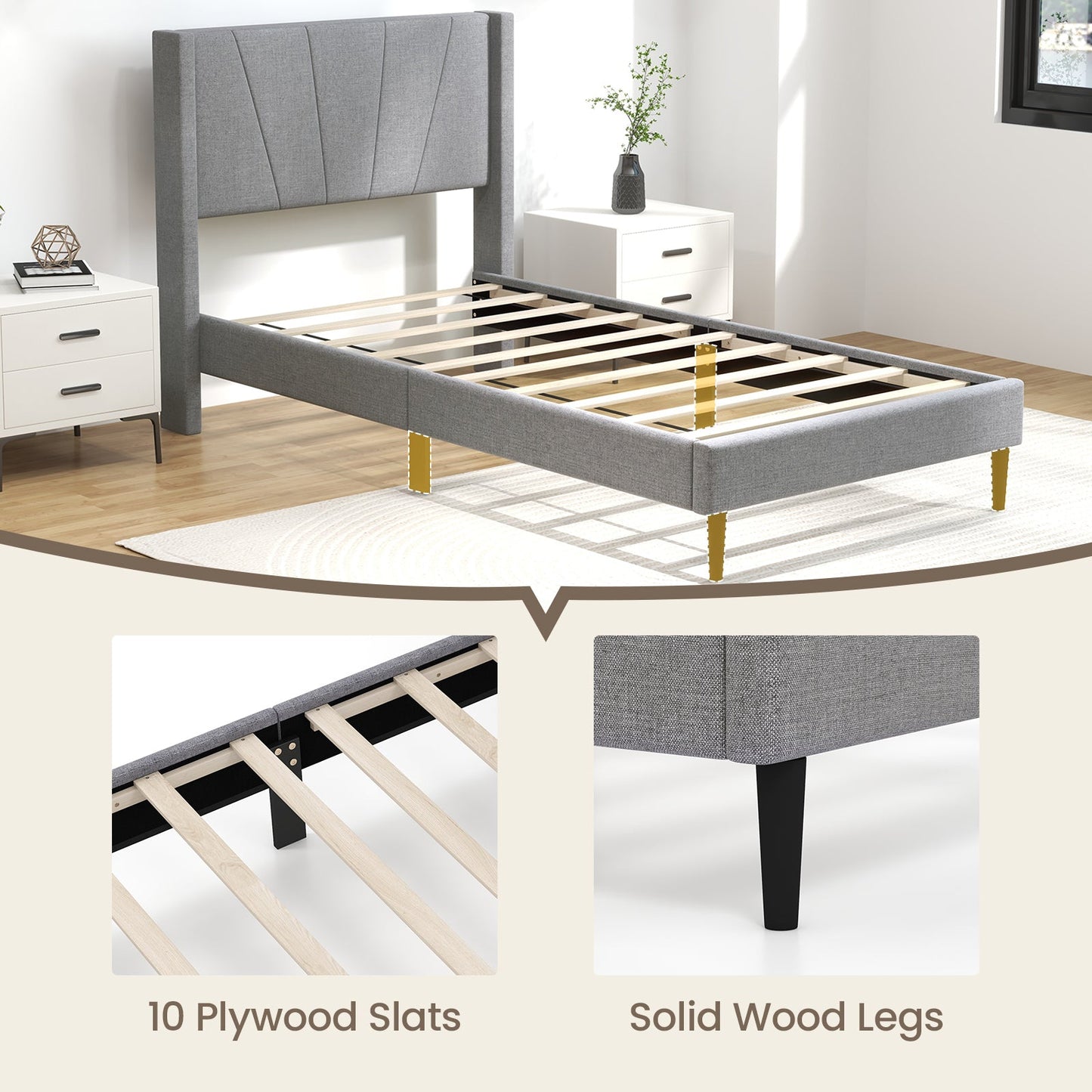 Estructura de cama Twin/Queen con cabecero tapizado de lino con alas-Tamaño Twin