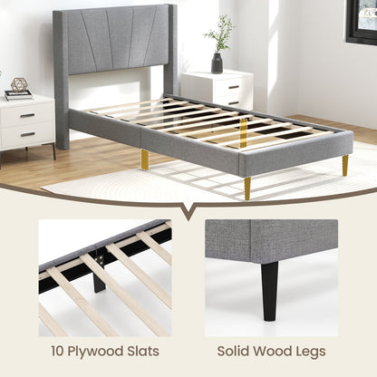Estructura de cama Twin/Queen con cabecero tapizado de lino con alas-Tamaño Twin