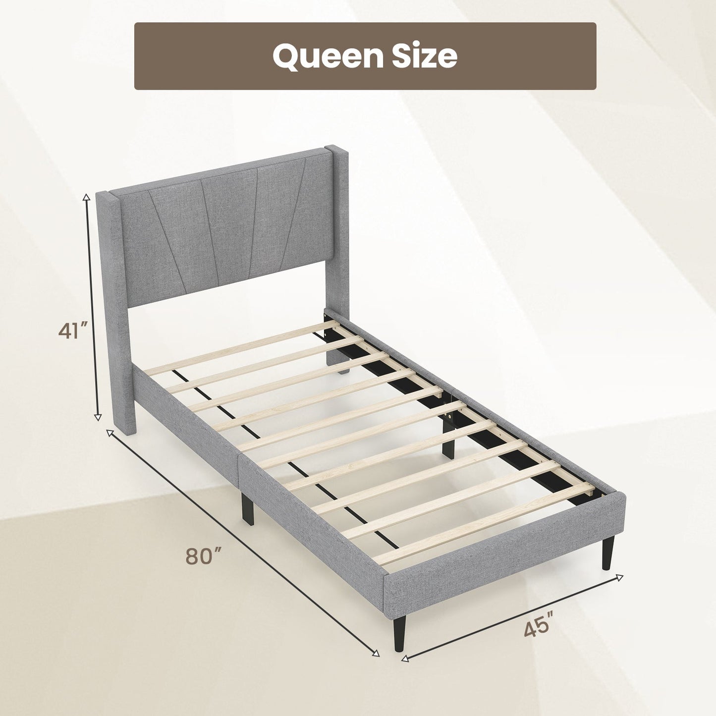 Estructura de cama Twin/Queen con cabecero tapizado de lino con alas-Tamaño Twin