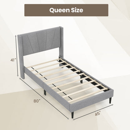 Estructura de cama Twin/Queen con cabecero tapizado de lino con alas-Tamaño Twin