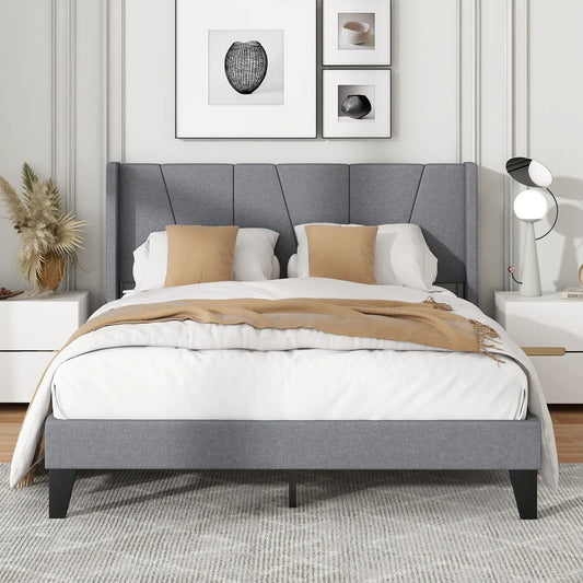 Full/Queen bed frame with wingback headboard in grey upholstery and wood slat support on Tampa Home & Garden Store