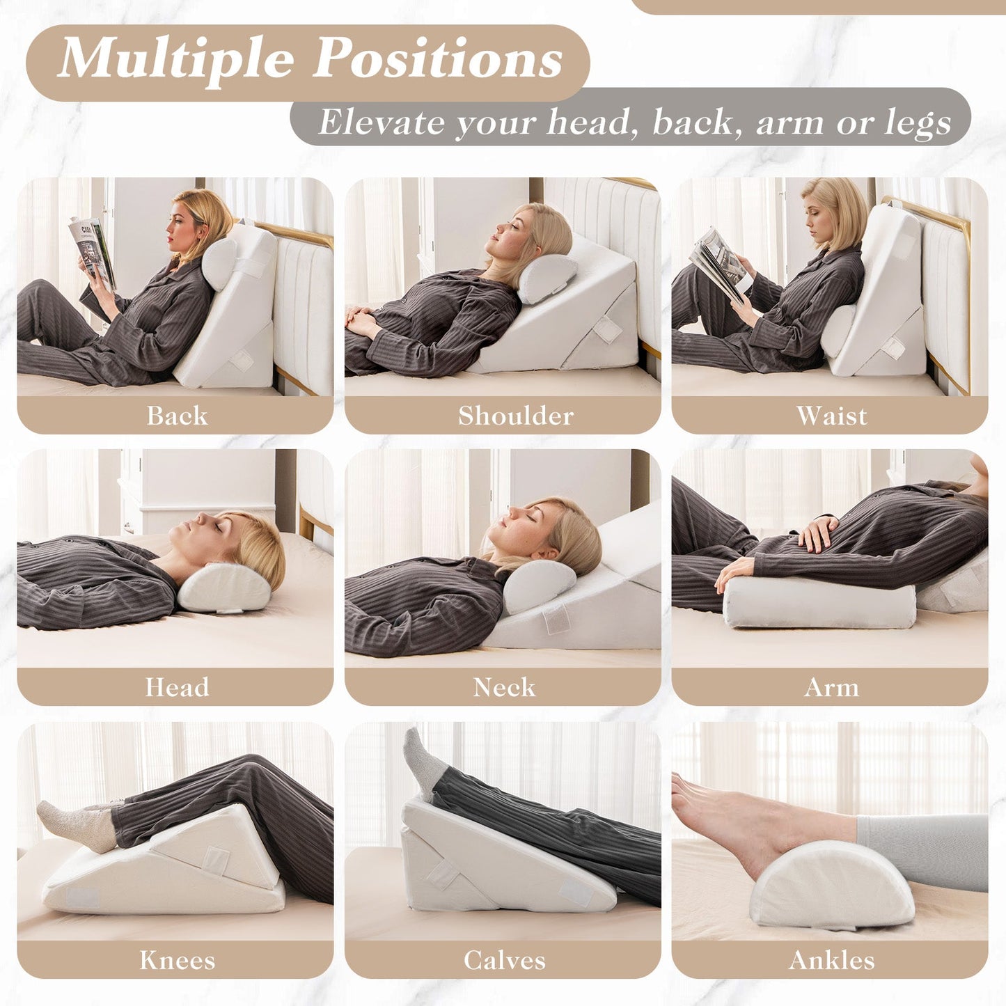 Juego de almohadas de cuña para cama de 3 piezas con espuma viscoelástica con aire - Blanco roto