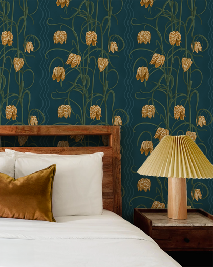 Papel pintado Campanas, azul oscuro y vara de oro