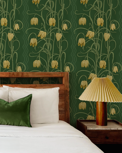 Papier peint Campanas, vert foncé et ocre
