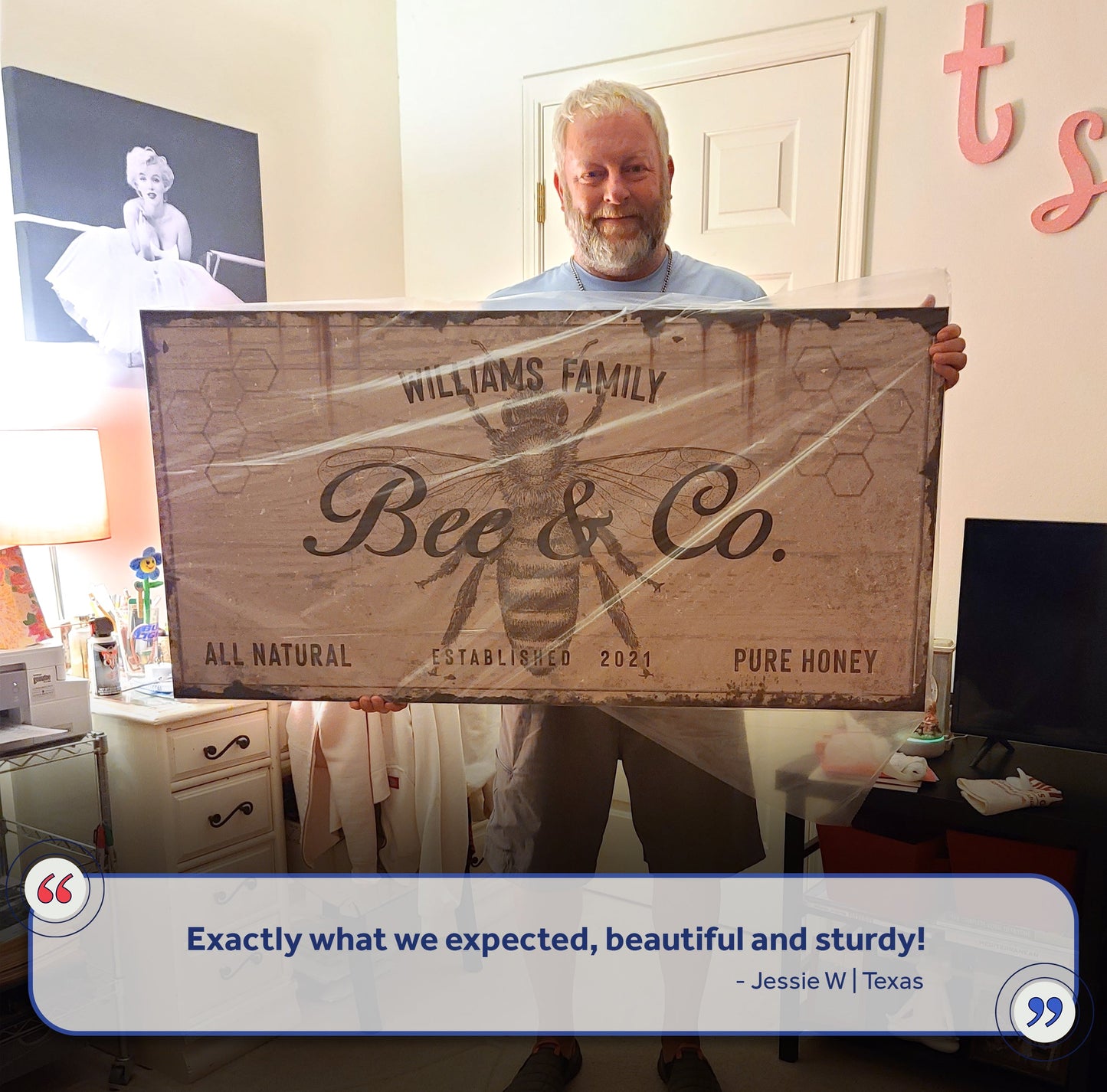 Bee & Co Sign II canvas artwork with honeybee design, large rustic print, wrapped in plastic on Tampa Home & Garden Store