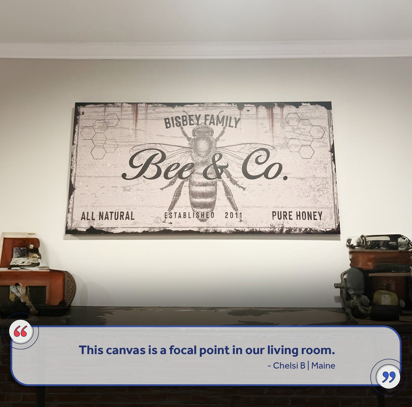 Canvas Bee and Co Sign II by Tailored Canvases, grayscale bee and honeycomb wall art on Tampa Home & Garden Store