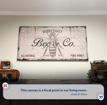 Canvas Bee and Co Sign II by Tailored Canvases, grayscale bee and honeycomb wall art on Tampa Home & Garden Store