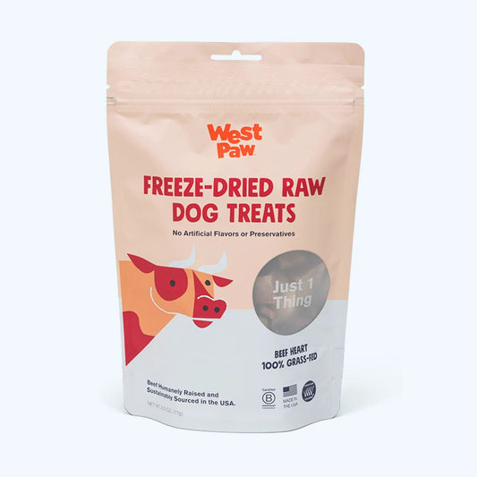 Beef Heart Freeze-Dried Raw Dog Treats by West Paw with cow cartoon on Tampa Home & Garden Store