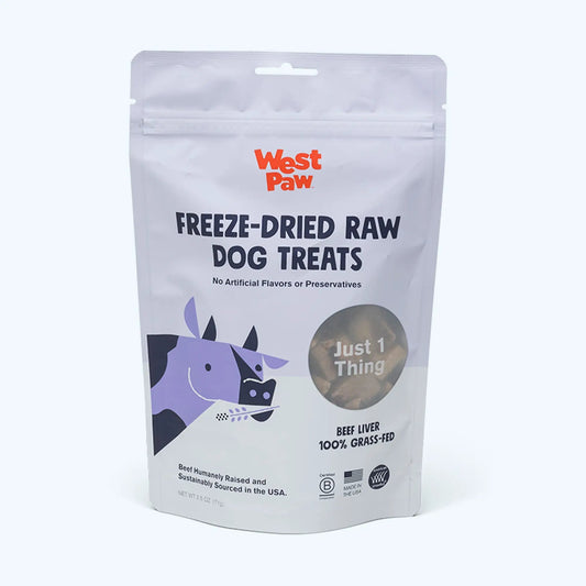 Beef Liver Freeze-Dried Dog Treats bag by West Paw, white resealable pouch with orange logo on Tampa Home & Garden Store