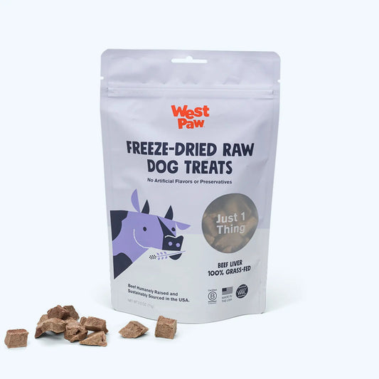 Beef Liver Freeze-Dried Dog Treats bag West Paw 100% Grass-Fed with scattered brown cubes on Tampa Home & Garden Store
