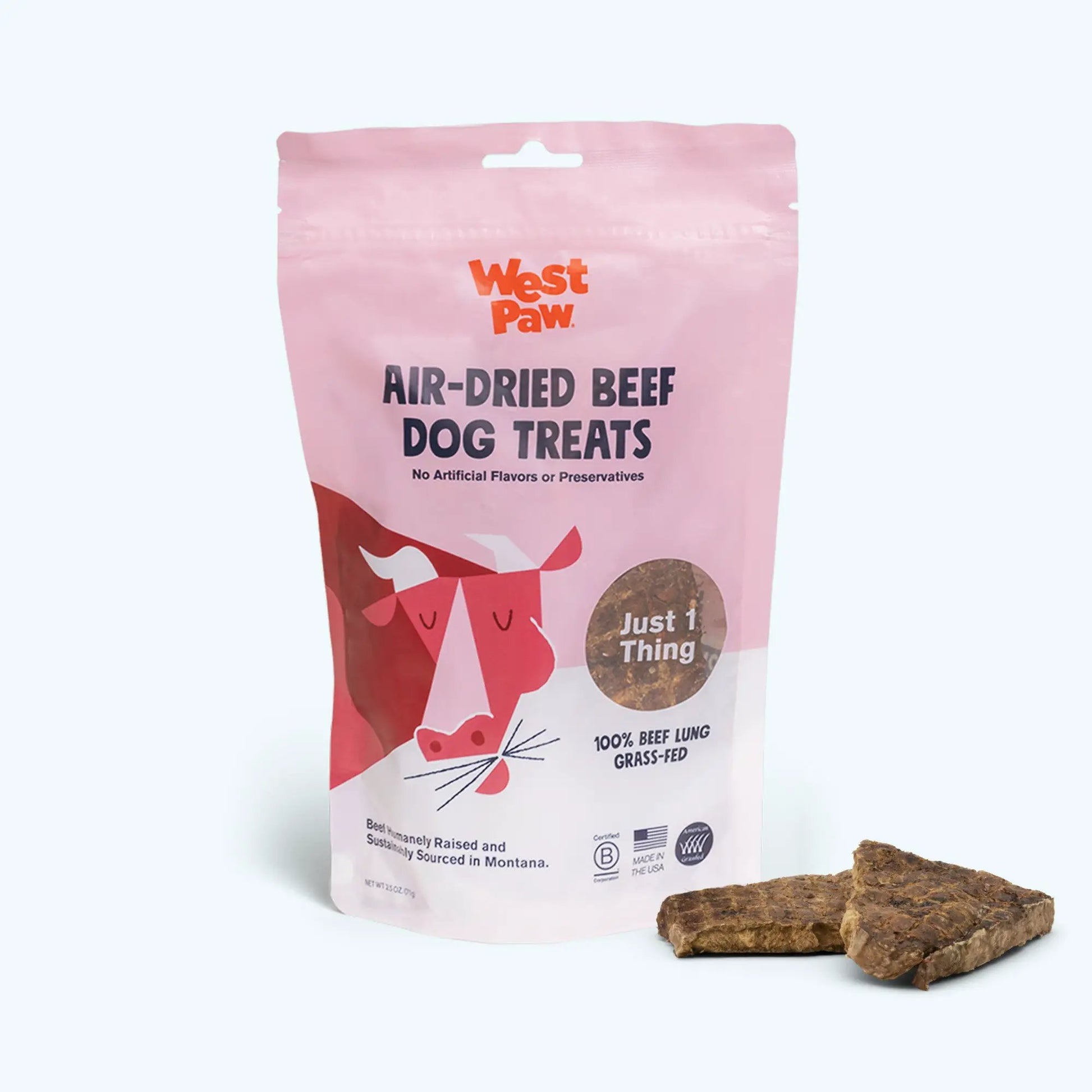 Beef Lung dog treats in pink West Paw bag with three beef lung pieces on Tampa Home & Garden Store