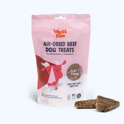 Beef Lung dog treats in pink West Paw bag with three beef lung pieces on Tampa Home & Garden Store