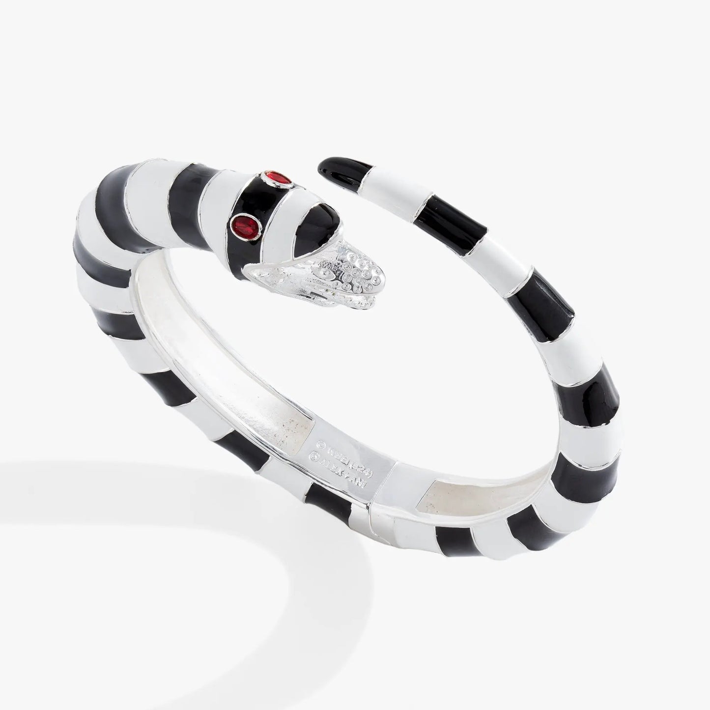 Beetlejuice Sandworm cuff bracelet by ALEX AND ANI; black striped metal cuff with red eyes on Tampa Home & Garden Store