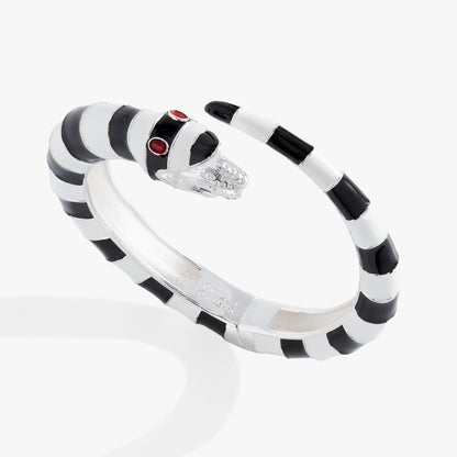 Beetlejuice Sandworm cuff bracelet by ALEX AND ANI; black striped metal cuff with red eyes on Tampa Home & Garden Store