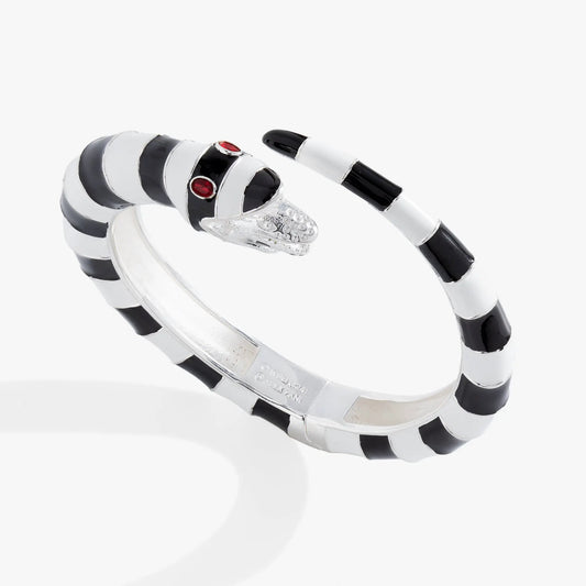 Beetlejuice Sandworm cuff bracelet by ALEX AND ANI; black striped metal cuff with red eyes on Tampa Home & Garden Store
