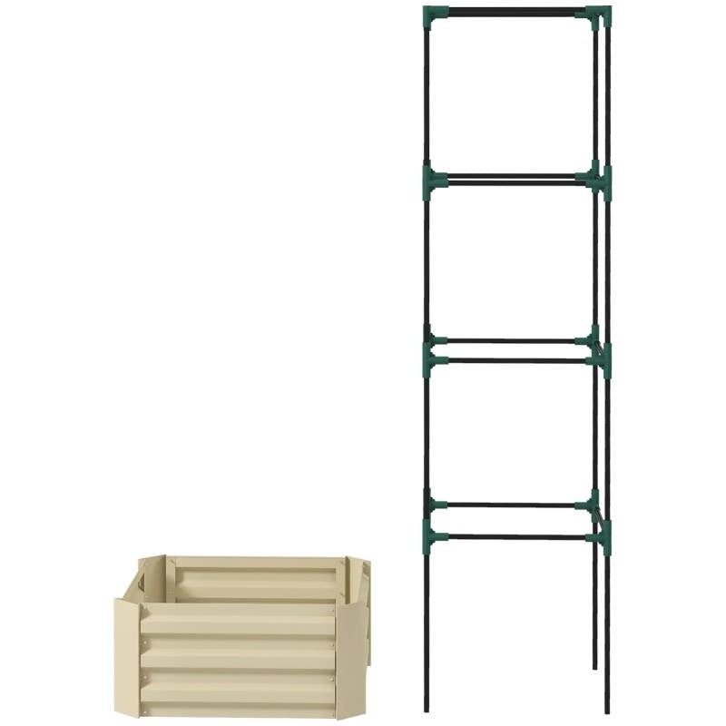 Beige Galvanized Open Bottom Raised Garden Bed Planter with Tomato Cage Trellis - Tampa Home & Garden Store