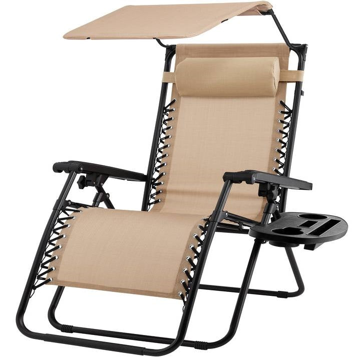 Beige Zero Gravity Folding Reclining Patio Lounge Chair with Canopy Sun Shade - Tampa Home & Garden Store