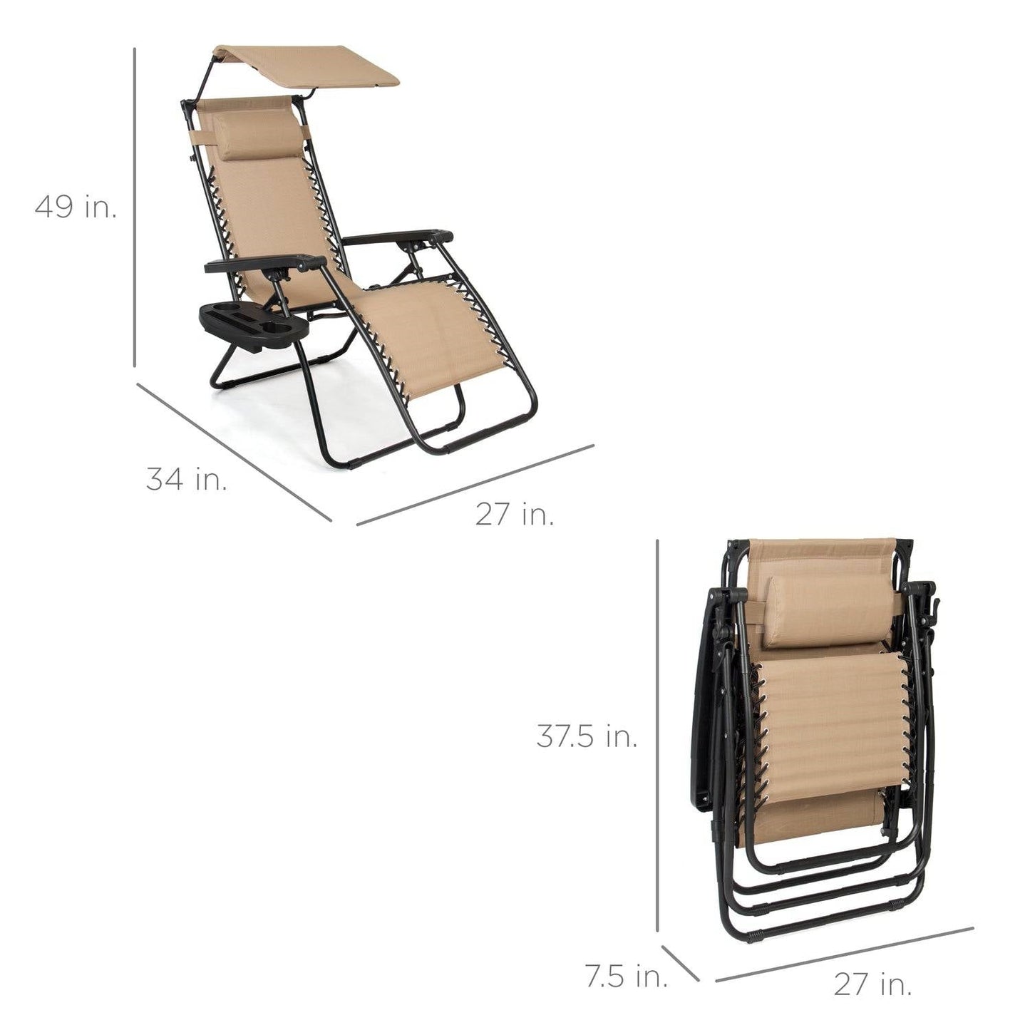 Beige Zero Gravity Folding Reclining Patio Lounge Chair with Canopy Sun Shade - Tampa Home & Garden Store